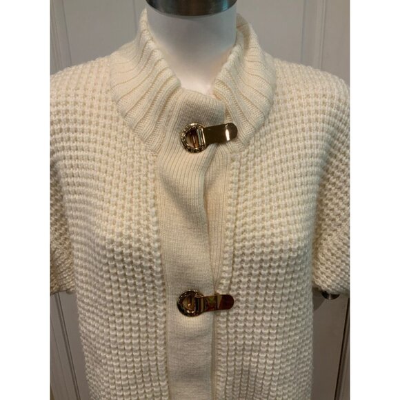 Michael Kors White Chunky Knit Short Sleeve Gold Buckle Cardigan, Size Large - Picture 2 of 6